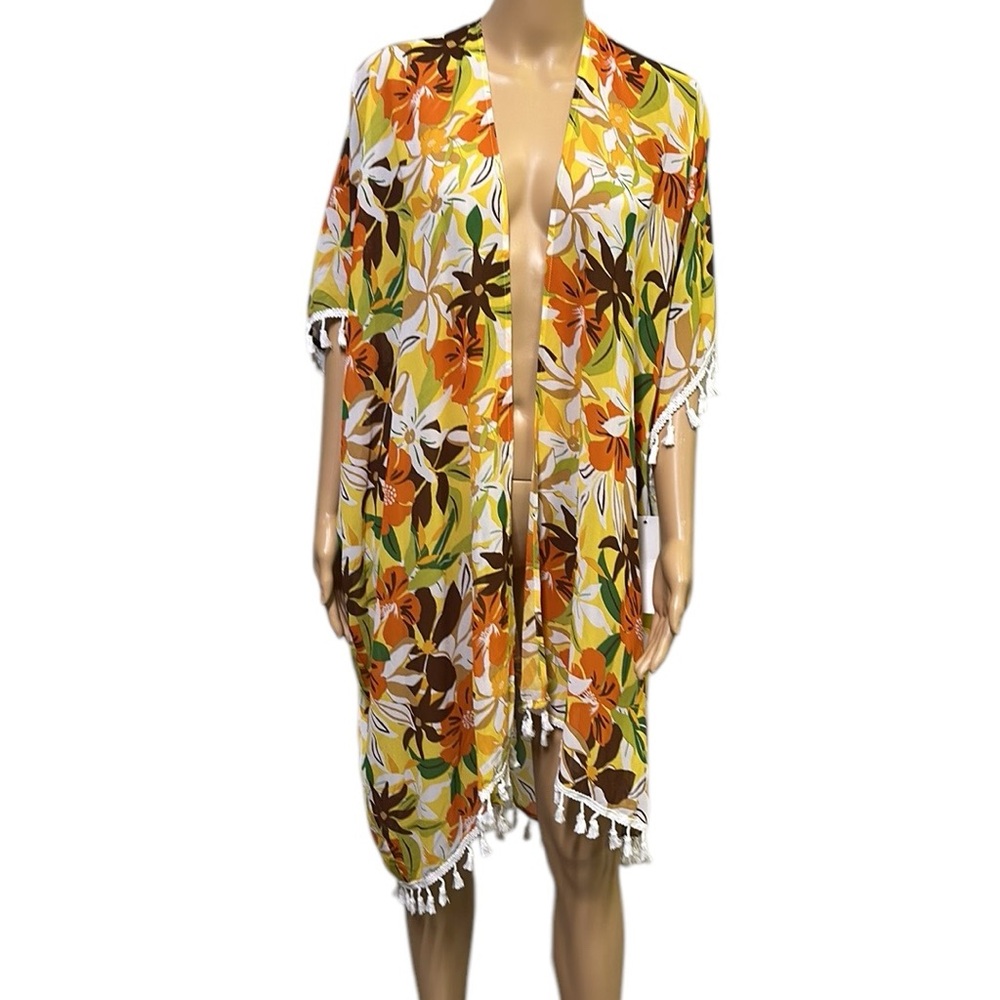 KontroL Kimono Coverup Semi Sheer Floral Tropical Tassel Open Front Womens Large